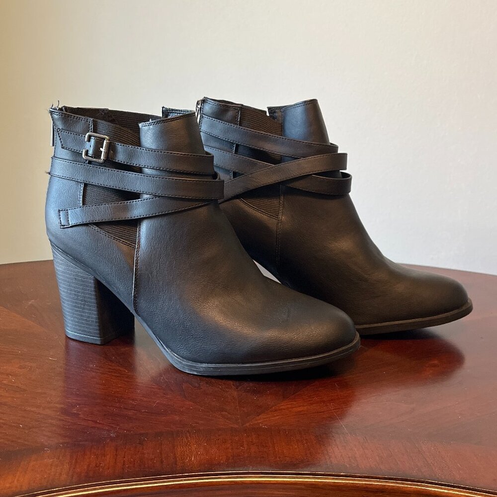NWOT - Black Faux Leather Ankle Boots with Leather Strap Detail - 12